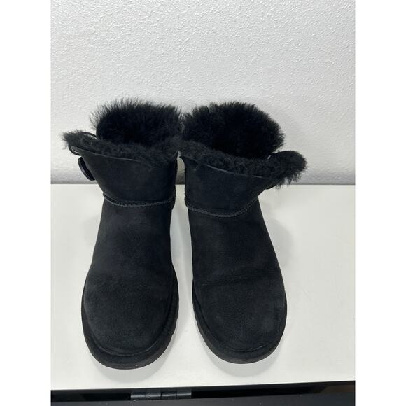 UGG Black Suede Furry Mini Bailey Button Ankle Boot 6 - Picture 4 of 15